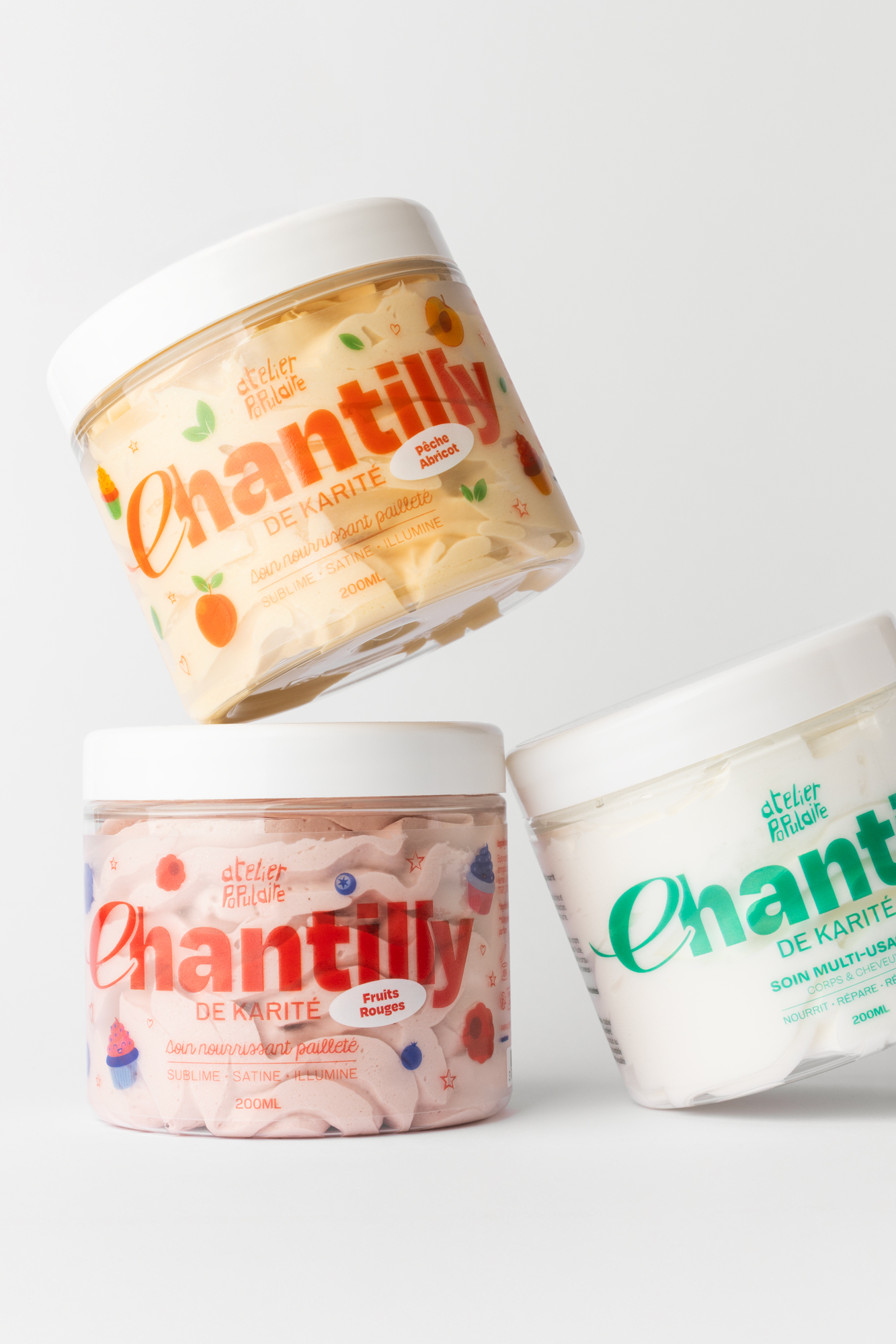 Les trois Chantillys de karité : pêche abricot, fruits rouges et neutre
