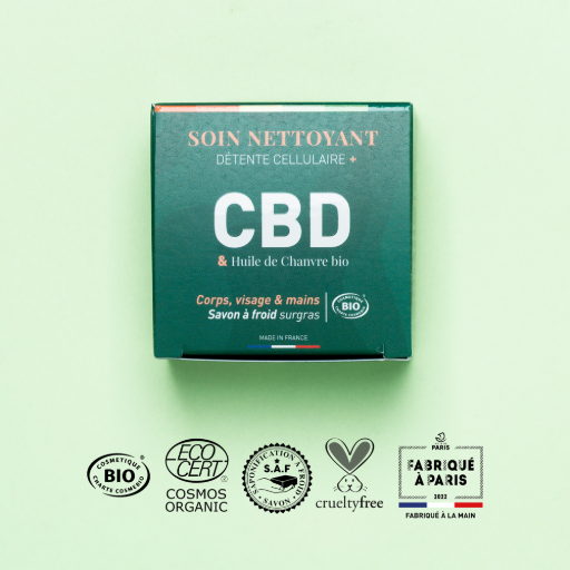 [APO_SAF_CBD_NET_V01_B2C] ​​​Soin Nettoyant Détente Cellulaire + CBD | Savon à froid surgras | COSMOS ORGANIC | 90g